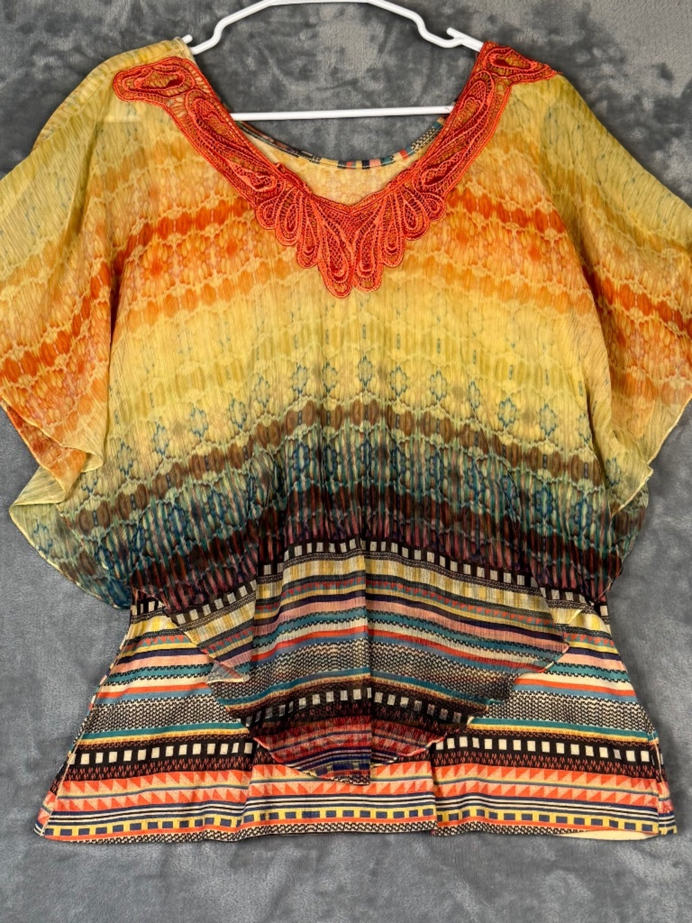 Mixed Print Crochet Trim Blouse Orange Yellow Boho Large